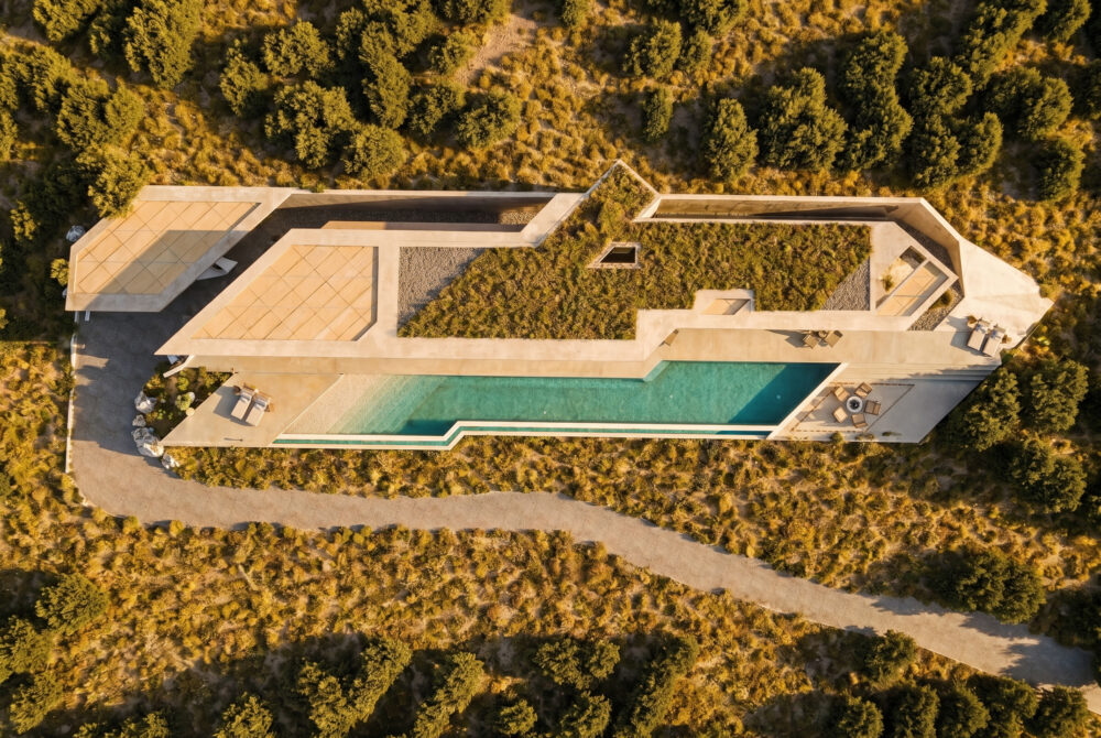 Architectural visualisation of Villa ESSA in Vasilikos, Zakynthos, with a green roof and infinity pool